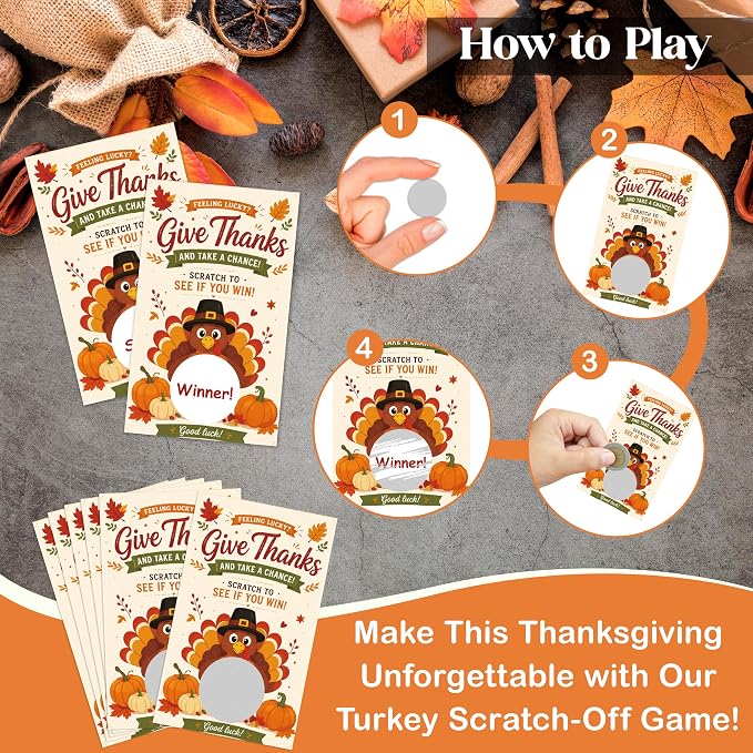 50PCS Thanksgiving Scratch Off Game Cards, Thanksgiving Games for Family Party Group Activities, Fall Festival Raffle Card Thanksgiving Activity for Groups Adults-A03