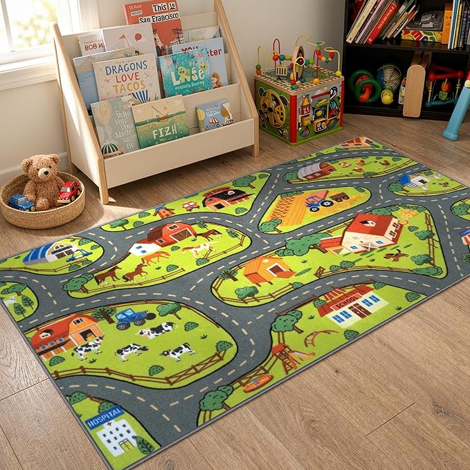 STARUIA Washable Kids Carpet Playmat Rug for Boys Room, 79"x39" Large Toddler Car Rug for Kids Toy Cars, Fun Learning Farm Play Mat Road Rugs for Kids Room Bedroom Playroom