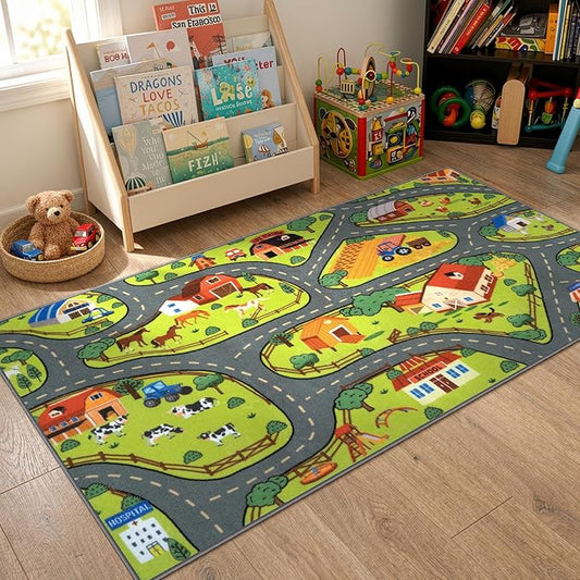 STARUIA Washable Kids Carpet Playmat Rug for Boys Room, 79"x39" Large Toddler Car Rug for Kids Toy Cars, Fun Learning Farm Play Mat Road Rugs for Kids Room Bedroom Playroom