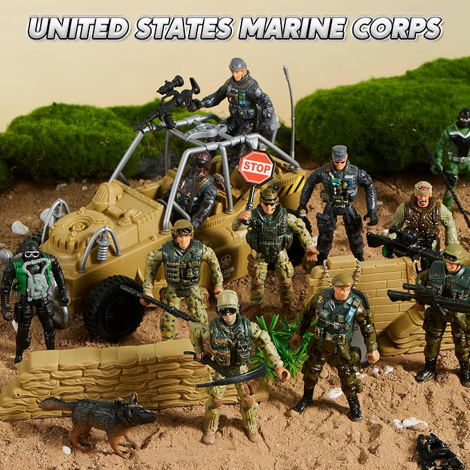 JOYIN 16 PCs Army Men Playset with 12 Realistic Army Ranger Men Action Figures and Weapon Gear Accessories, Military Soldiers Action Figures Playset, Gift for Boys 3 4 5 6 7 8