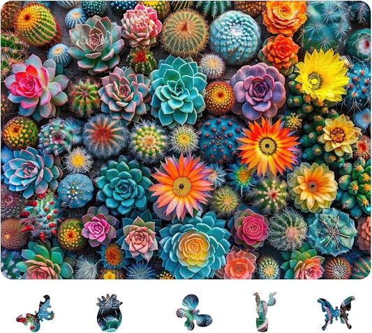 Mys Aurora Puzzles for Adults Cactus World Wooden Puzzles, 300 Pieces Unique Shaped Succulent Jigsaw Puzzles, Birthday for Adults and Kids, Fun Family Game 14.87'' x 11.2'' Medium Size