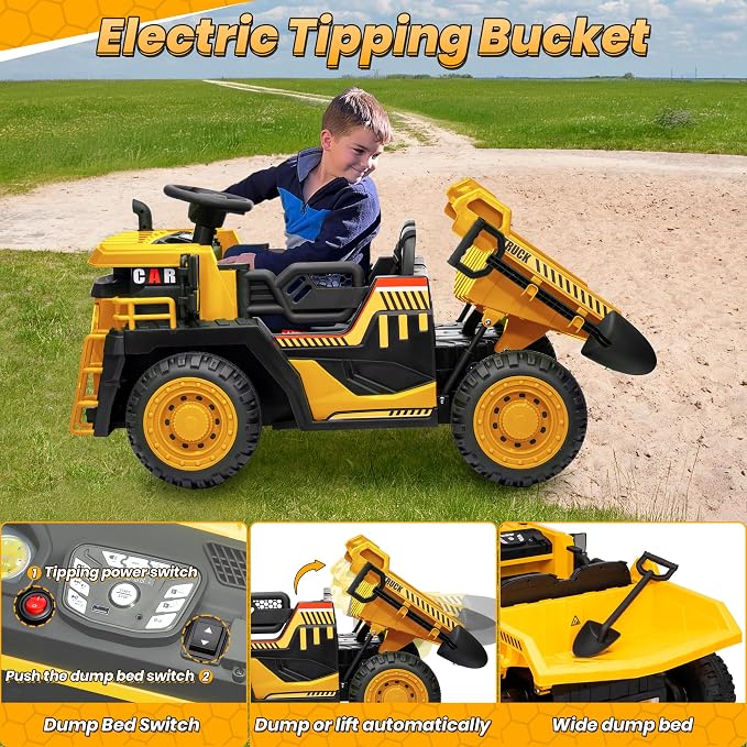 JOYRACER 24V 2 Seater Ride on Dump Truck w/400W Motors, Kids Ride On Car w/20'' Seat, Parent Remote, Electric Construction Vehicle w/Dump Bed & Shovel, 5Mph Max, Power Car Wheelers for Kids, Yellow