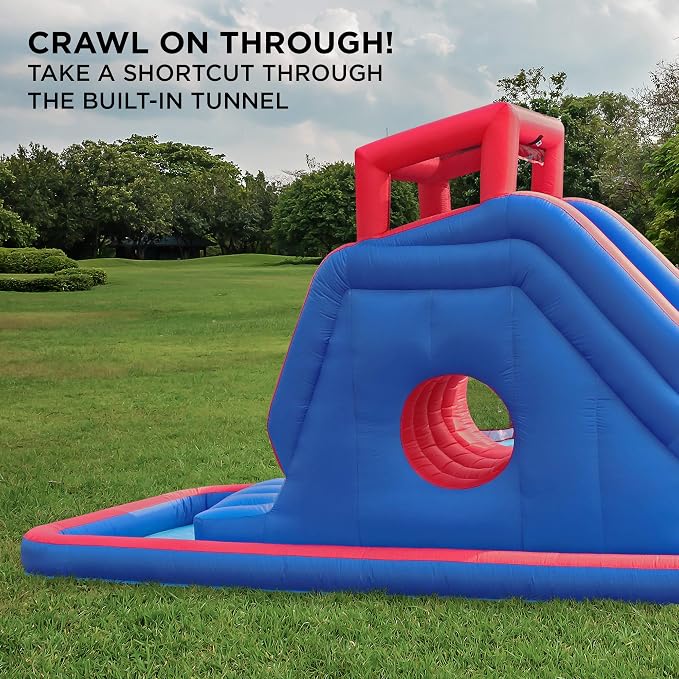 Sunny & Fun 2-in-1 Bounce & Blast Inflatable Water Slide Park – Heavy-Duty for Outdoor Fun - Climbing Wall, Slide, Bouncer, Tunnel & Splash Pool – Easy to Set Up, Included Air Pump & Carrying Case