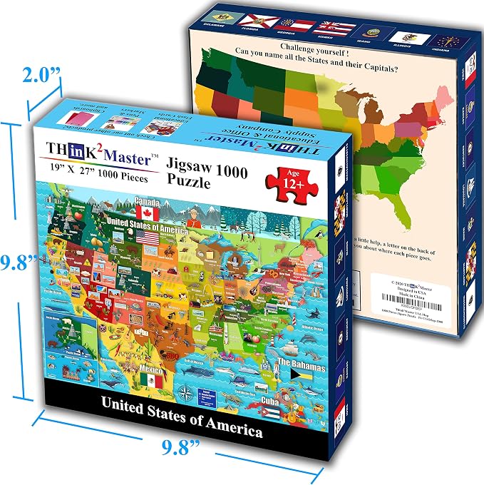 Think2Master Colorful United States Map 1000 Pieces Jigsaw Puzzle for 13+, Seniors, Adults & Families. Great Educational Gift for Interest in the USA Map. Size: 26.8” X 18.9”