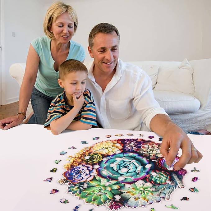 Mys Aurora Unique Wooden Jigsaw Puzzles - Mandala Succulent Plants, 500 Pcs King Size 16.9'' x 16.3'', Luxurious Shaped Wood Puzzle, Beautiful Package, Best Gift for Adults and Kids, Family Game