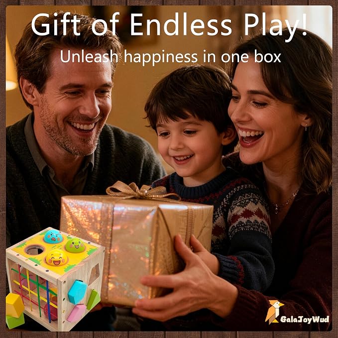 Wooden Activity Cube for Baby,Shape Sorters for Toddlers 1-3, Developmental Toy, Hammer Pounding & Sensory Blocks, Gift for Boys and Girls