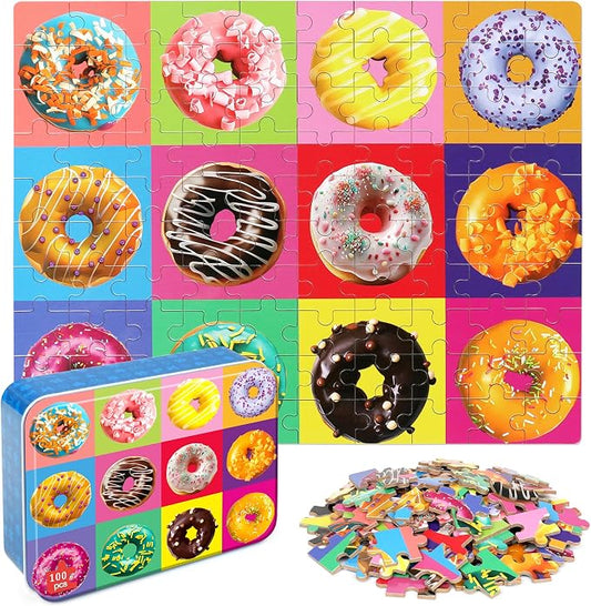 LELEMON Puzzles for Kids Ages 4-6,Donut 100 Piece Puzzles for Kids in a Metal Box, Educational Jigsaw Puzzles 100 Piece Puzzle Games Puzzle Toys for Girls and Boys