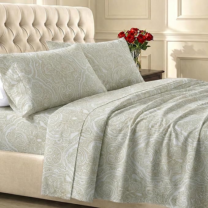 California Design Den Soft 100% Cotton Sheets Queen Size, 400 TC Good Housekeeping Award Winner, Smooth Sateen Finish with Deep Pockets, Cozy and Durable Cotton Bedding Set - Paisley Beige