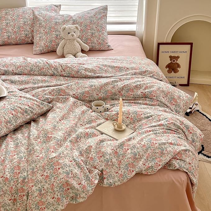 LifeTB Queen Size Comforter Set Boho Pink Floral Bedding Comforter with 2 Pillowcases Vintage Garden Style Boho Comforter for Queen Bed Cute Flower Bedding Fluffy Cottagecore Botanical Comforter Set