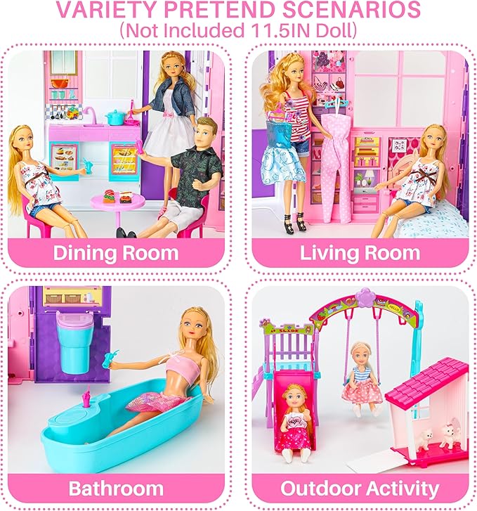 Style Shine Doll House Portable & Foldable Dollhouse w/ 60+ Pcs & 2 Dolls, Play House Toy with Bedroom Bathroom Kitchen Furniture Playset, Playhouse Gift for Girl Kid Toddler