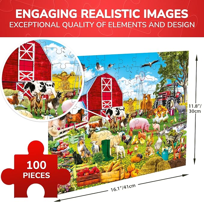 QUOKKA 100 Piece Puzzles for Kids Ages 4-6 – Floor Kids Puzzles Ages 6-8 Year Old – Toy for Learning Farm Animals for 8-10 yo – Jigsaw Toddler Game for Boy and Girl Ages 3-5