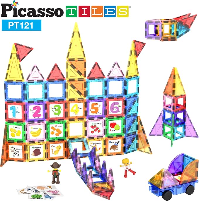 PicassoTiles 121 pc Master Builder Magnetic Building Block Construction Set Magnet Tiles Blocks with Car Truck, 2 Character Action Figures, 28 Educational Alphabet Animal and Number Graphics
