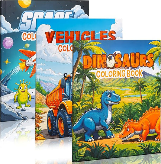 ZICOTO Fun Coloring Books for Kids Set of 3 - Exciting Dinosaur, Space & Trucks Coloring Book for Boys Ages 4-8 - Easy to Color Gift for Travel with Cute Themes for Your Creative Little Toddler 1-3