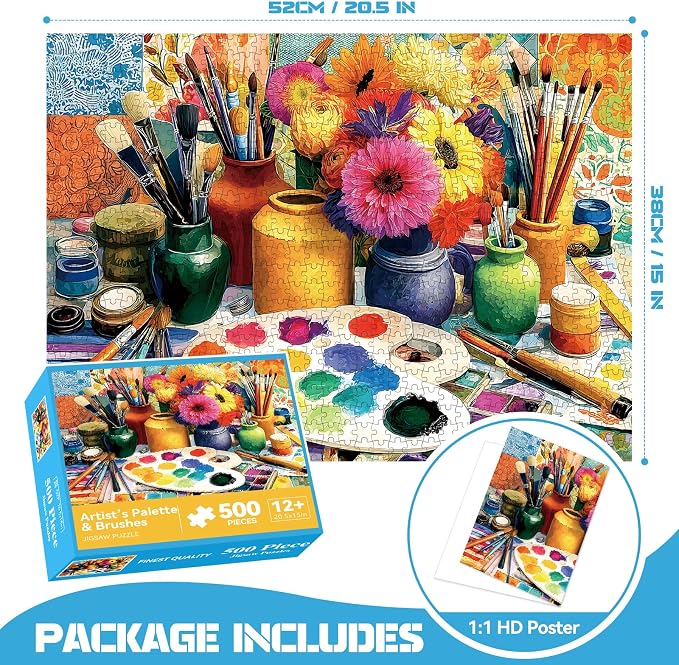 EIYRURU 500 Piece Jigsaw Puzzle for Adults –Artist Studio Jigsaw Puzzles 500 Pieces, Flowers Brushes Palette Puzzles for Adults 500 Pieces, Challenging Perfect for Game Nights, 20.5 X 15 in