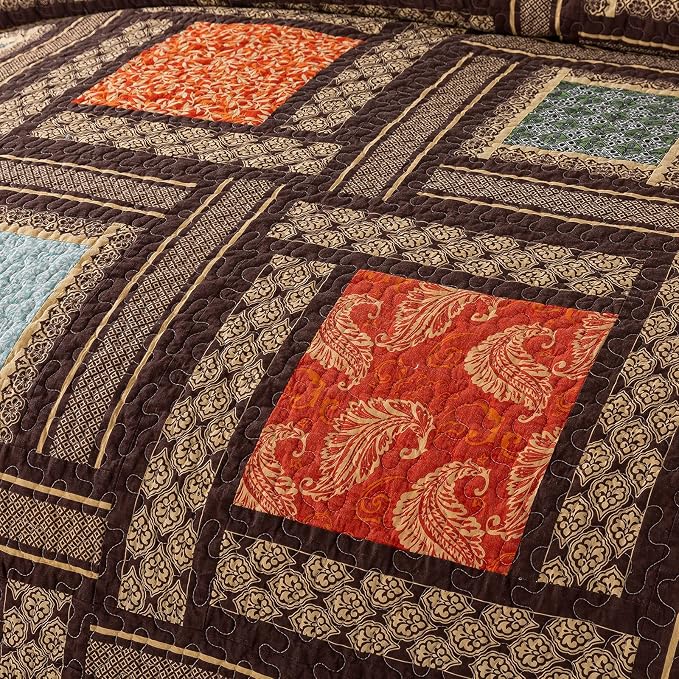 NEWLAKE Cotton Patchwork Bedspread, 3-Piece Bedding Quilt Set with Real Stitched Embroidery, Reversible Matelasse Bed Coverlet Set,Bohemian Farmhouse,Queen Size