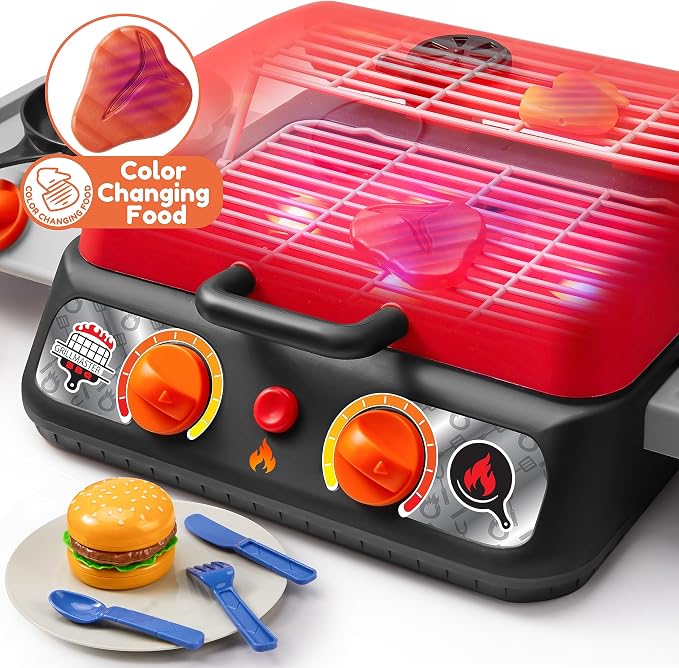 Kids BBQ Grill Playset, Kitchen Toy Set with Pretend Smoke, Light, Sound & Color-Changing Food, Play Kitchen Accessories, Indoor Outdoor Cooking Toy for Boys Girls Kids Birthday Gift