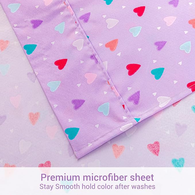 Viviland 4 Pieces Girls Purple Full Sheet Set - Soft Microfiber Fitted Flat Sheets & Pillowcases - Colorful Hearts Printed Bedding Sets - for Kids & Toddlers