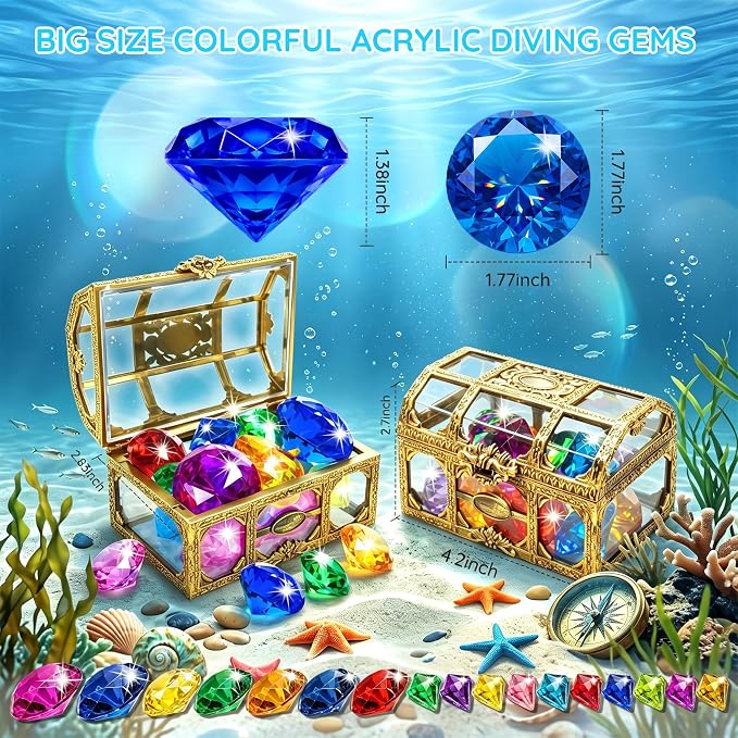 Swim Diving Games Pool Toys 17PCS Big Colorful Diamond Toy with Treasure Box Chest Summer Underwater Gemstone Outdoor Water Accessories for Kid Age 5 6 7 8 9 10 11 12 Year Old Girl Boy Stuff Fun Gift
