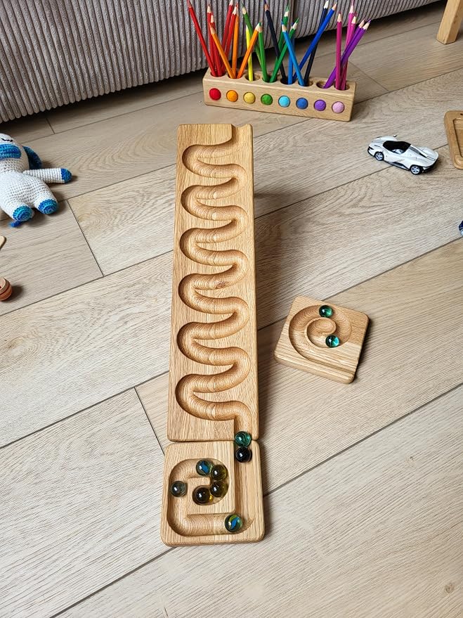 Marble Run Track Race Machine Wooden Maze Board Ball Run Course Gift for Kids Run Race Winding Track Roller (Waves)