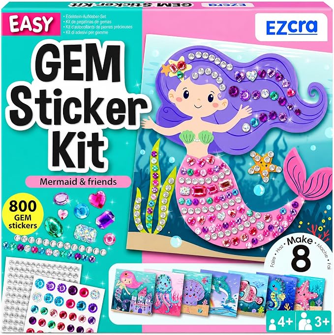 EZCRA Easy Mermaid Gem Sticker Crafts for Kids Ages 4-8 - 800 Sparkly Stickers, 8 Underwater Themes - Arts and Crafts for Kids, DIY Activity, Birthday Gift for Girls