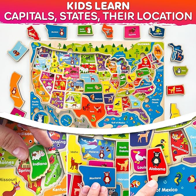 QUOKKA Puzzles for Kids Ages 4-6 - 3 Set Toddler Wooden Puzzles for Kids Ages 3-5- Learning United States Toys for Childrens 6-8 - Educational Toys for 3 Year Old Boys and Girls - Award Winning