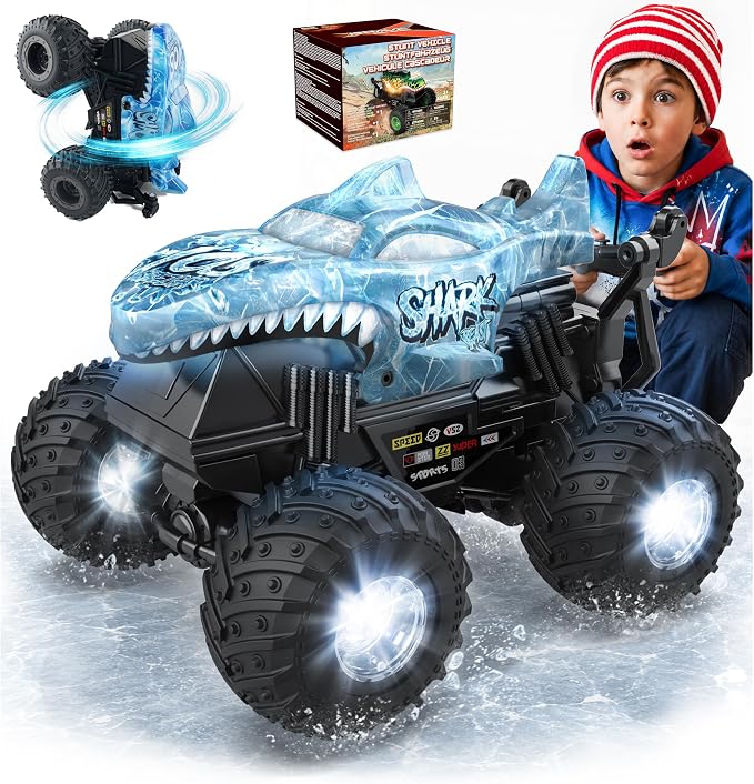 BEZGAR 1:20 Monster Truck Toys, 360°Stunt RC Cars with 2 Batteries, Rotation Monster Trucks with Music and Lights, Remote Control Car for Boys 4 5 6 7 8 9 Years Old (Ice Blue)