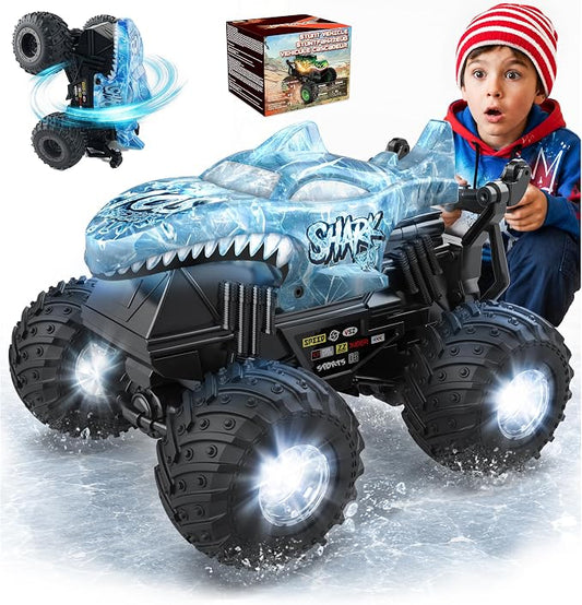 BEZGAR 1:20 Monster Truck Toys, 360°Stunt RC Cars with 2 Batteries, Rotation Monster Trucks with Music and Lights, Remote Control Car for Boys 4 5 6 7 8 9 Years Old (Ice Blue)