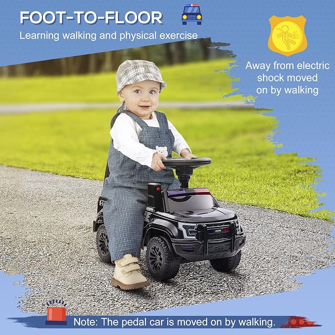Aosom Kids Push Ride On Car with Working PA System and Horn, Police Truck Style Foot-to-Floor Sliding Car for Boys and Girls with Under-Seat Storage, for 18 Months to 5 Years Old, Black