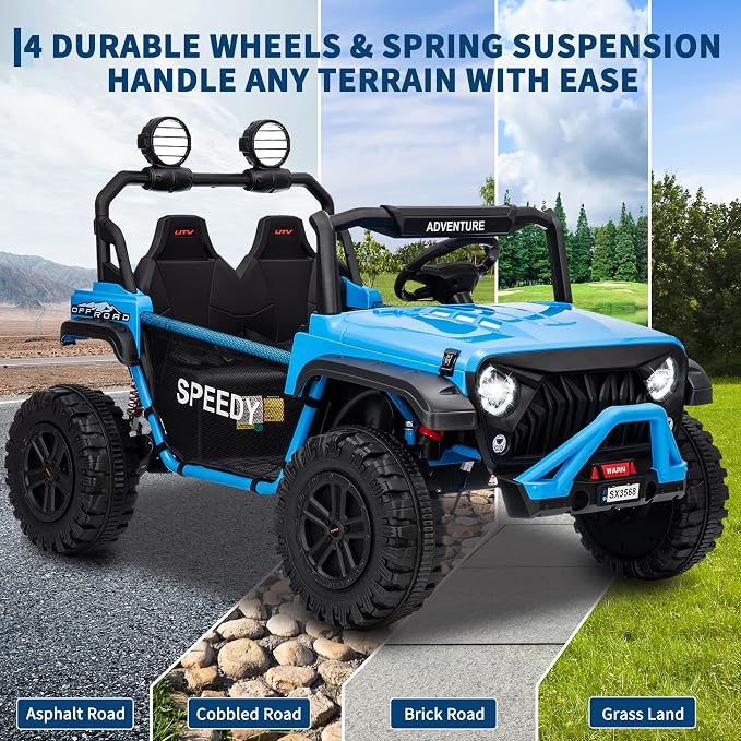 Powerful 24V Ride on Car for Kids, Ride on Truck with Remote Control - 4WD Electric Car, 2 Seater UTV, Spring Suspension, Front & Behind LED Lights, Dual Storage, 3 Speeds, Music,