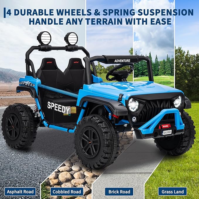 24V 2-Seater Ride on UTV Truck with Remote Control – 4WD Electric Vehicle Designed for Big Kids, Featuring Spring Suspension, Front and Behind LED Lights, Dual Storage Compartments, 3 Speed Settings,