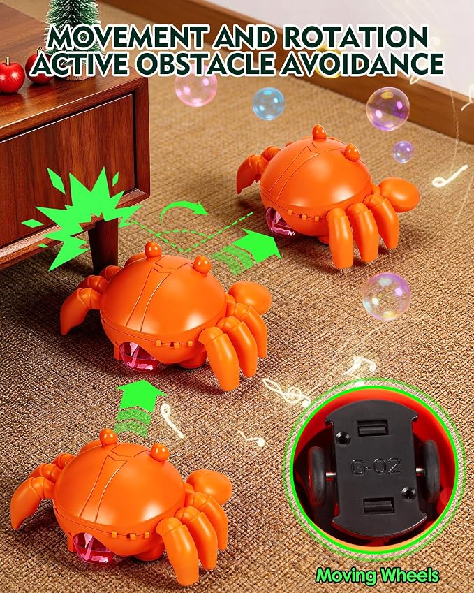 Crab Bubble Machine for Kids, Rechargeable 360-Degree Moving Bubble Maker with Lights and Music, Obstacle Avoidance, USB-C Cable, 2 Bubble Solutions, Outdoor Birthday Toy Ages 3+
