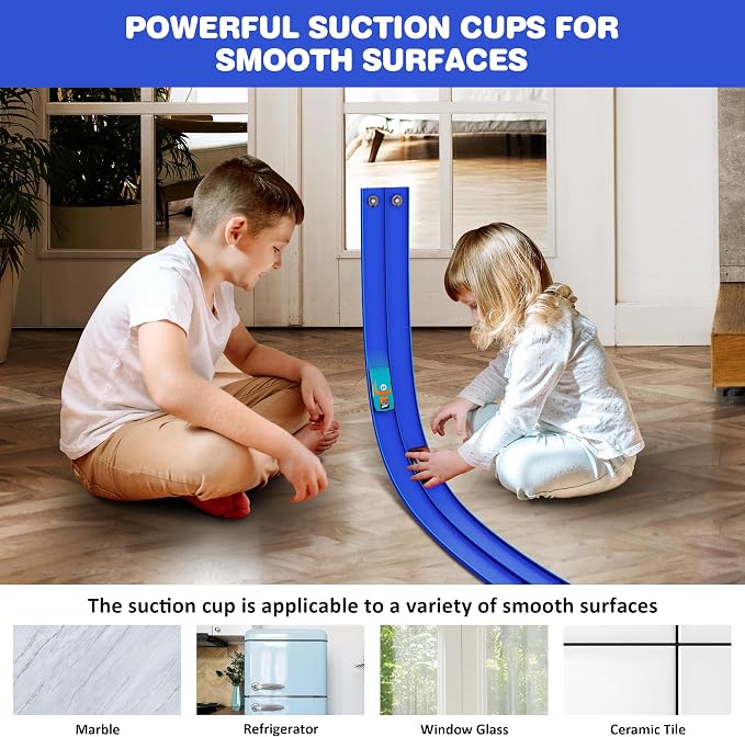 16 Ft Flexible Race Car Ramp Track for Kids Toy with Suction Cups, Compatible with Diecast 1/64th Cars, Rolls Up Portable Racetrack Party Favor Gifts for Boys Ages 3-10 Year Old (Racing Blue)