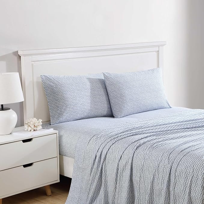 Nautica - Queen Size Sheet Set, Crisp & Tailored Cooling Sheets with a Smooth Cotton Percale Lightweight Feel - Bed Sheets with Matching Pillowcases & Fitted Sheet (Ikat Wave Blue)