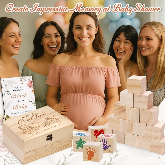 78 PCS Shower Games Sign Kit for Boys Girls, Wooden Box and Sign, Blank Wooden Blocks for DIY Drawing, Markers, Shower Game for Gender Reveal Activity, Shower Ideas Decorations, Bear C