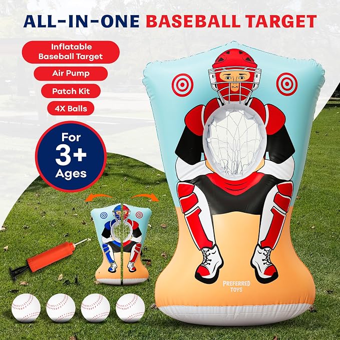 Preferred Toys Inflatable Baseball Pitching Target for Kids 3 and Above - Double-Sided Throwing Toss Game with 4 Soft Balls - Indoor Outdoor Baseball Toys Training Equipment - Red/Blue