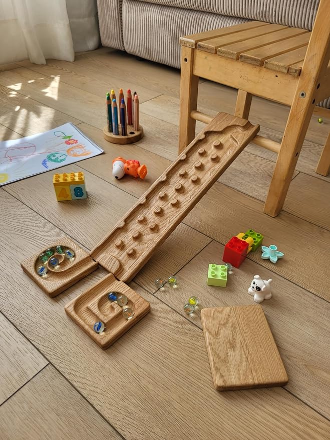 Wooden Marble Run Track Race Machine Set Maze Board Ball Run Montessori STEM Toy Gift for Kids Course Winding Roller Track Game Educational Construction Toy Gift for Kids (Rocks)
