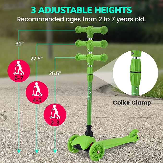 Hurtle Mini Kickboard 3 Wheel Scooter for Kids Ages 2-5 - Lean-to-Steer Toddler Scooter with Light-up LED Wheels, Adjustable Height & Rear Foot Brake for Boys. & Girls, Anti-Slip, Indoor/Outdoor
