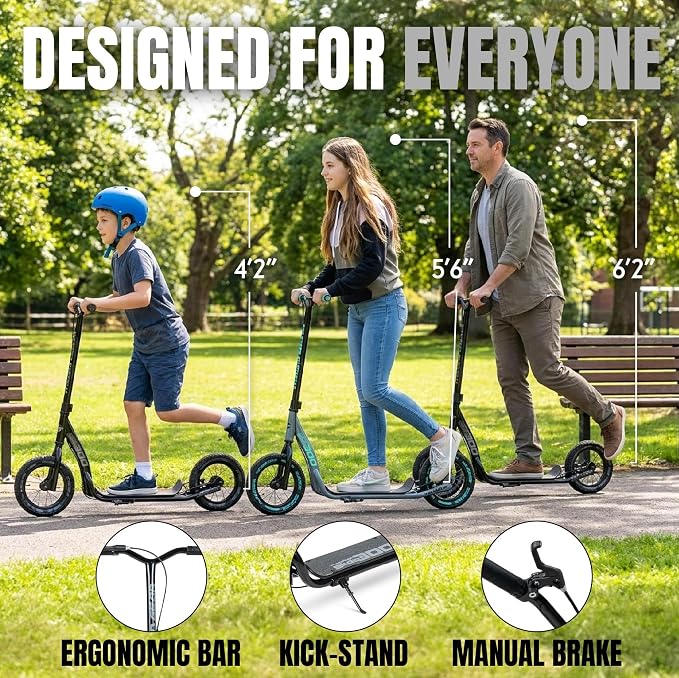 Large Kick Scooter for Adults, Teens & Kids 8-12 with Kickstand – 12" Air-Filled Tires, Wide Deck, Lightweight Steel Frame – Madd Gear Metro Urban Glide 300