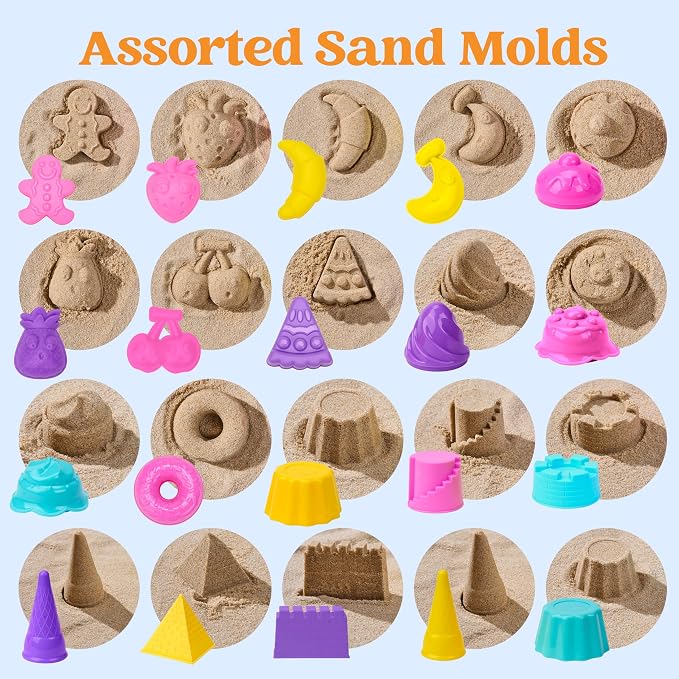 Sloosh Beach Sand Toys Set - Pink Dump Truck Car Toy with Sand Molds, Collapsible Buckets Mesh Bag Shovels Castle Ice Cream Mold for Ages Kids Toddlers Sandbox Toys Gifts Travel Vacation (Foods)