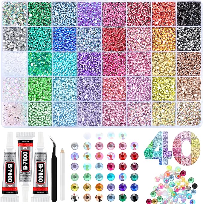 Zefy 40 Colors Resin Rhinestones for Bedazzling, 3mm 40000 Pcs Flatback Gems for Crafting, Bedazzling Kit with 3Pcs B7000 Glue for Clothing Shoes Nail Book Diamond Art