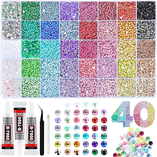 Zefy 40 Colors Resin Rhinestones for Bedazzling, 3mm 40000 Pcs Flatback Gems for Crafting, Bedazzling Kit with 3Pcs B7000 Glue for Clothing Shoes Nail Book Diamond Art