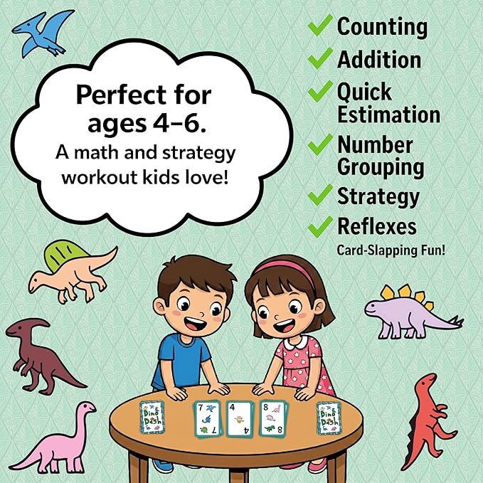 Niche Nation Games Dino Dash Dinosaur Card Game for Ages 4-6 - Quick-Counting Dino-Slapping Game Fast, Fun, and Frenetic - Smart Card Game for Kids 4-6 & 2-4 Players - Dinosaur Gifts