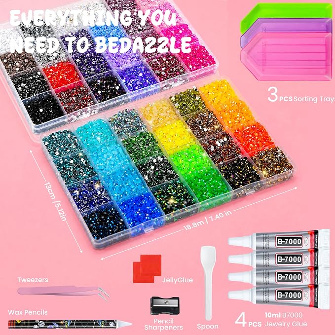 70000Pcs 2 Boxes Bedazzling Kit with Rhinestones, 48 Colors 3mm Resin Flatback Rhinestones with 4 Pcs B7000 Jewelry Glue & Tools, Diamond Art All-in-One Bedazzling Kit for DIY Arts & Crafts Gifts
