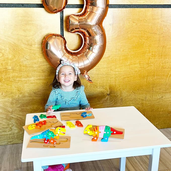 MONTESSORI MAMA Toddler Puzzles for Kids Ages 3-5 Dinosaur Puzzle 5-Pack, Montessori Toys for 3 Year Olds, Toddler Toys Age 3-4 Gifts for 3 Year Old Boys Girls, Wooden Puzzles for Toddlers