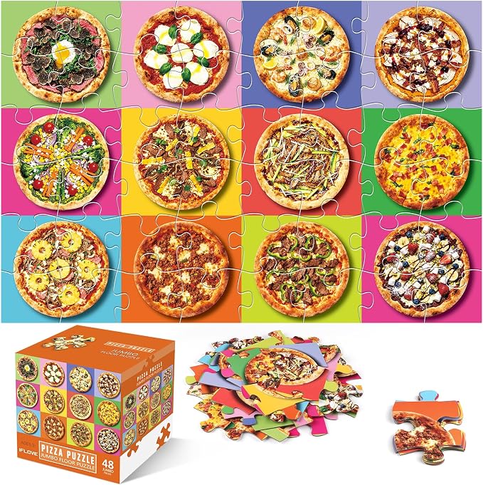 IFLOVE Pizza Floor Puzzle for Kids — 48 Piece Jumbo Jigsaw Puzzle, Food-Themed Puzzle with Colorful Pizza Slices, Educational Toy Birthday for Boys Girls Ages 3-8