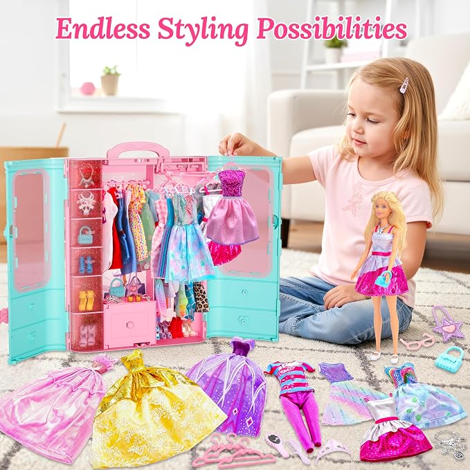 Style Shine 70 Pcs Doll Closet with Clothes & Accessories Set,2 Wedding Gowns 6 Fashion Dresses 2 Casual Outfits 2 Swimsuit 10 Shoes 20 Hanger 27 Accessories,Dress up Toys for Girls Kids Gift
