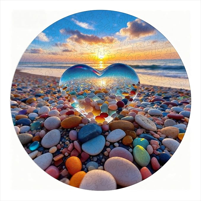 Hartmaze Sunset on Pebble Beach Wooden Puzzle, 178 Intricate Irregular Pieces, 11.2x11.2 Inch, Exquisite Wooden Gift Box – Stunning Coastal Art Jigsaw for Adults & Kids 8+