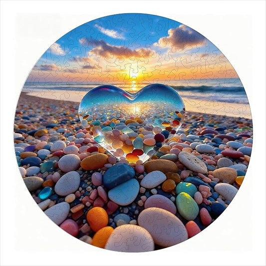 Hartmaze Sunset on Pebble Beach Wooden Puzzle, 178 Intricate Irregular Pieces, 11.2x11.2 Inch, Exquisite Wooden Gift Box – Stunning Coastal Art Jigsaw for Adults & Kids 8+