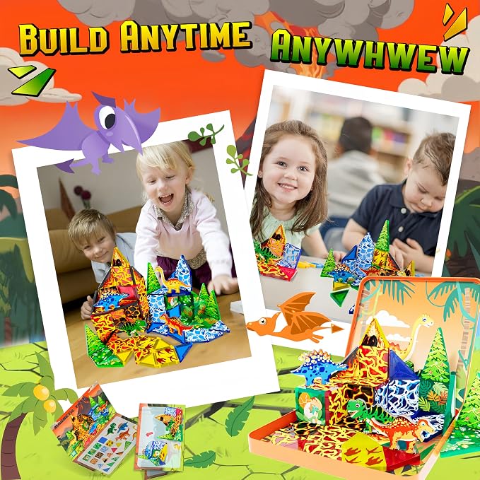 48pcs Mini Magnetic Tiles, Dinosaurs World Building Blocks Set in Iron Case, Portable STEM Travel Toys for Toddlers, Creative Dino World Construction Magnetic Toys for Kids