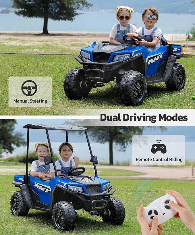 ELEMARA 24V Ride on Toy for Big Kids,Ride on Car 2 Seater w/Sun Shade,Dump Bed & Shovel,4.5MPH,4WD Electric Car for Kids,Battery Car w/Remote,Kids Ride on Truck,3 Speeds,LED Lights,Bluetooth, Royal